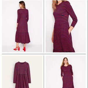 Boden Emma Red Blue Striped Long Sleeve Midi Dress Size 6 US Pockets EUC
